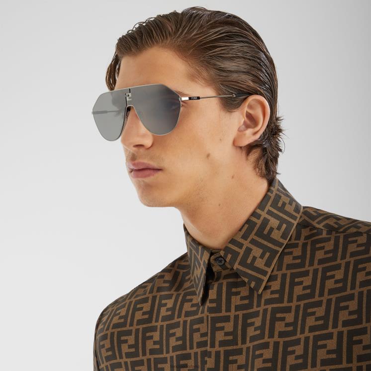 Heren accessoires Fendi 0J62L2399 Zonnebril van rutheniummetaal met spiegellenzen mode