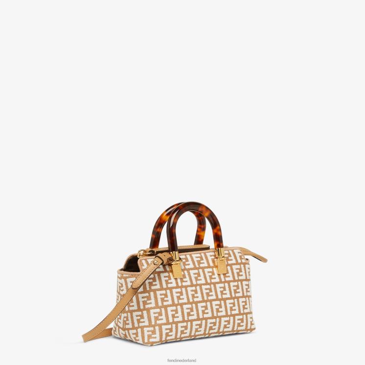 vrouwen accessoires Fendi 0J62L601 kleine Boston tas van raffia met een ff-motief van tapijtstof wit