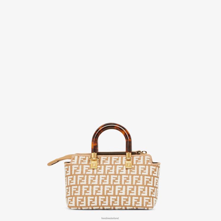 vrouwen accessoires Fendi 0J62L601 kleine Boston tas van raffia met een ff-motief van tapijtstof wit