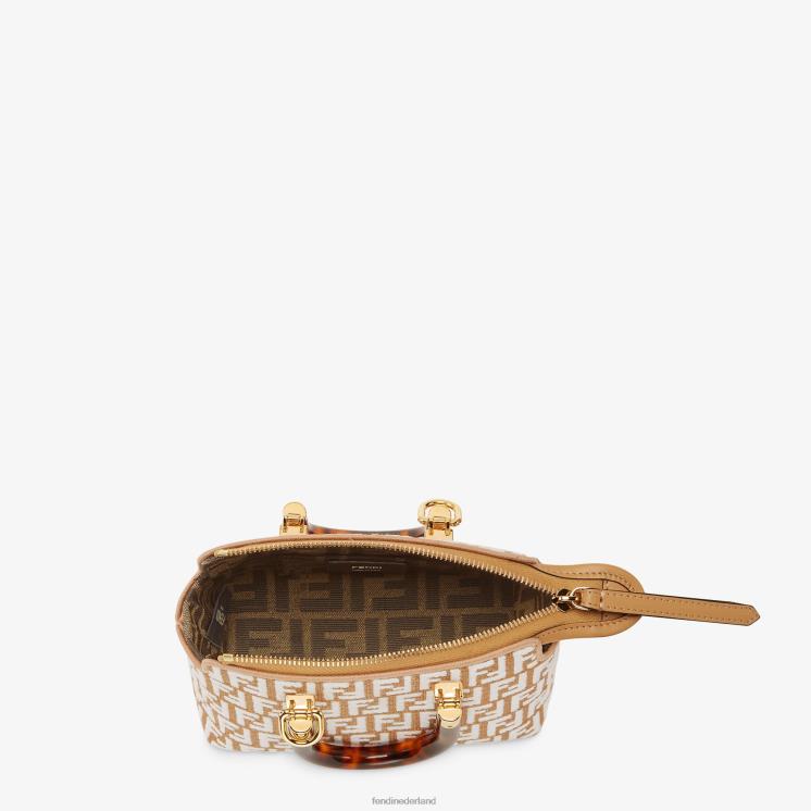 vrouwen accessoires Fendi 0J62L601 kleine Boston tas van raffia met een ff-motief van tapijtstof wit