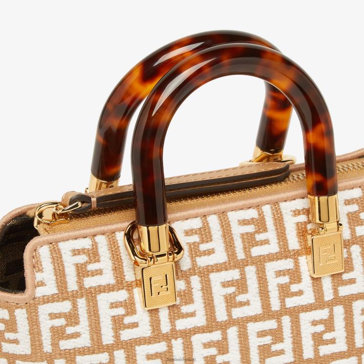 vrouwen accessoires Fendi 0J62L601 kleine Boston tas van raffia met een ff-motief van tapijtstof wit