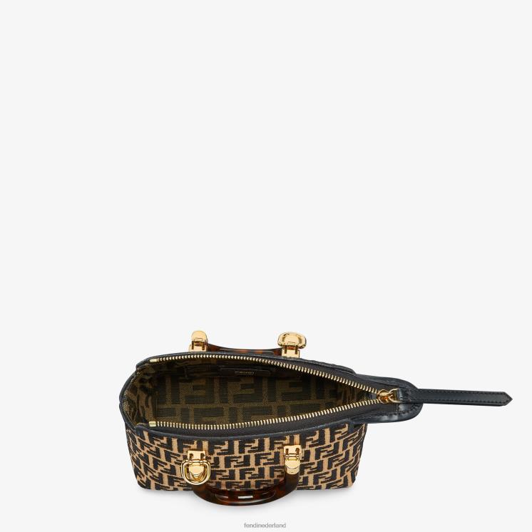 vrouwen accessoires Fendi 0J62L651 kleine Boston tas van raffia met een ff-motief van tapijtstof zwart