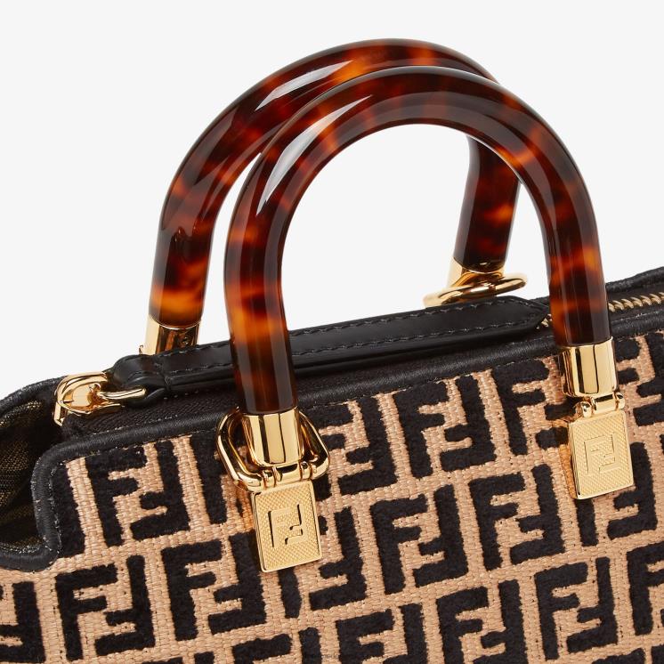 vrouwen accessoires Fendi 0J62L651 kleine Boston tas van raffia met een ff-motief van tapijtstof zwart