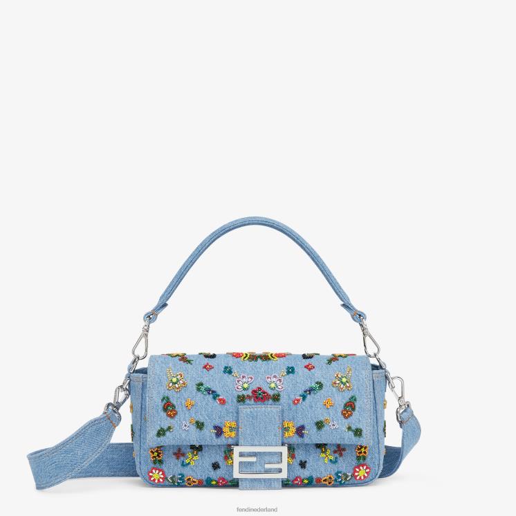 vrouwen accessoires Fendi 0J62L635 Denim re-edition tas met bloemenborduursel lichtblauw